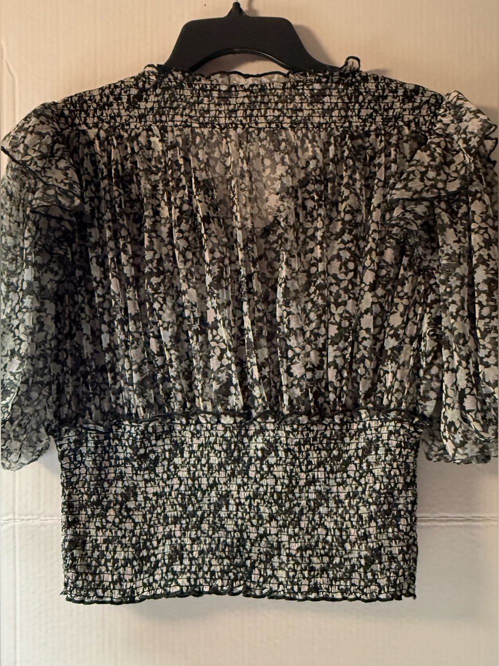 Free People Smocked Waist Floral Puff Sleeve Blouse - Black/Cream